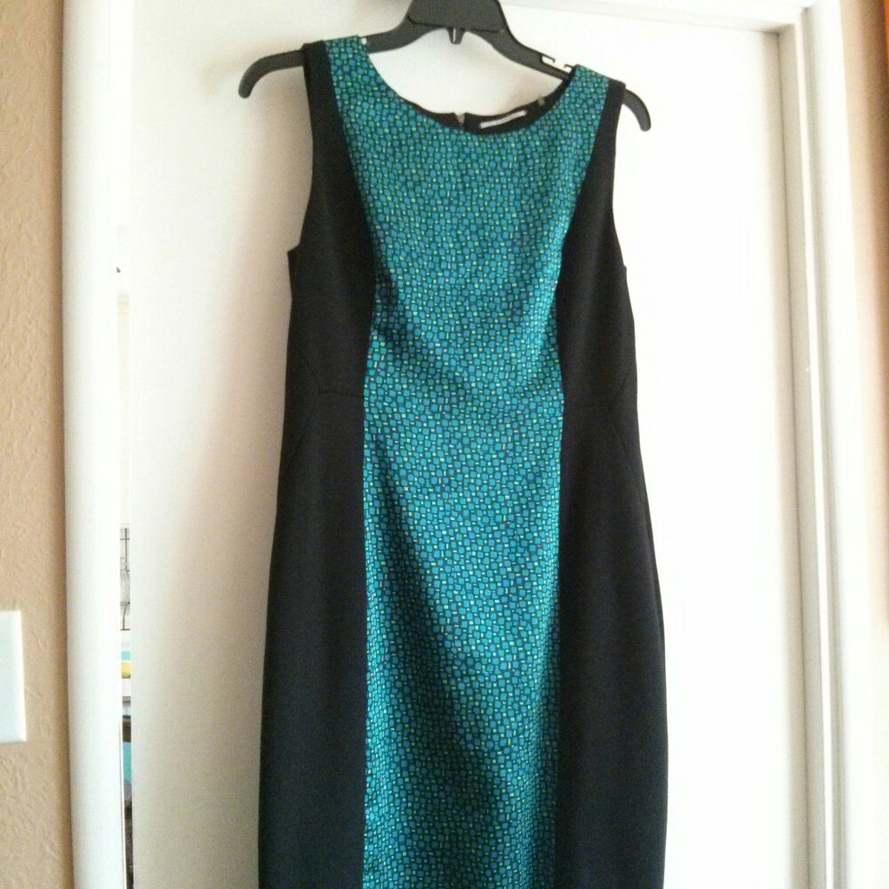 NWT Black Sheath Dress Slimming Blue Geometric Panel - Size 14 Office Chic Retro